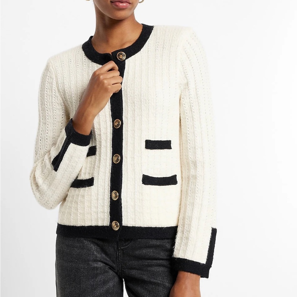 Express Tipped Novelty Button Sweater Jacket in Swan Sz XL